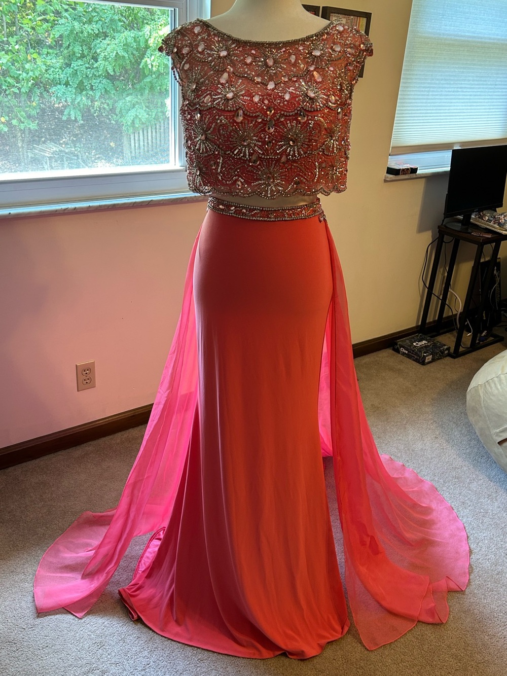 Sherri Hill Coral Two-Piece Beaded Prom Gown